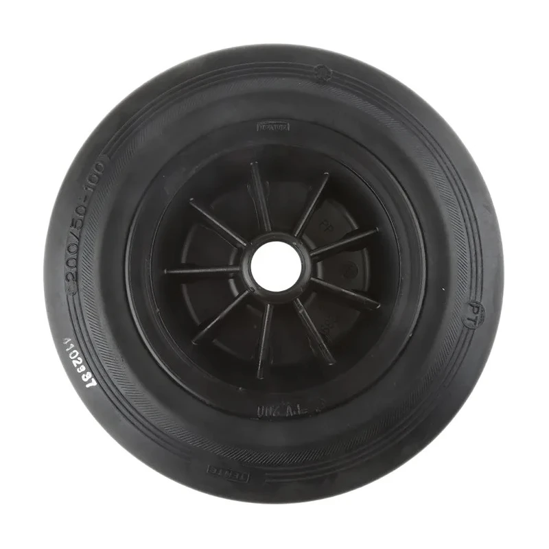 Tente Black Rubber Trolley Wheel 200mm Diameter 50mm Width 20mm Bore Plain Bore Hub 205 kg Load Capacity PVO200/50X20LM58