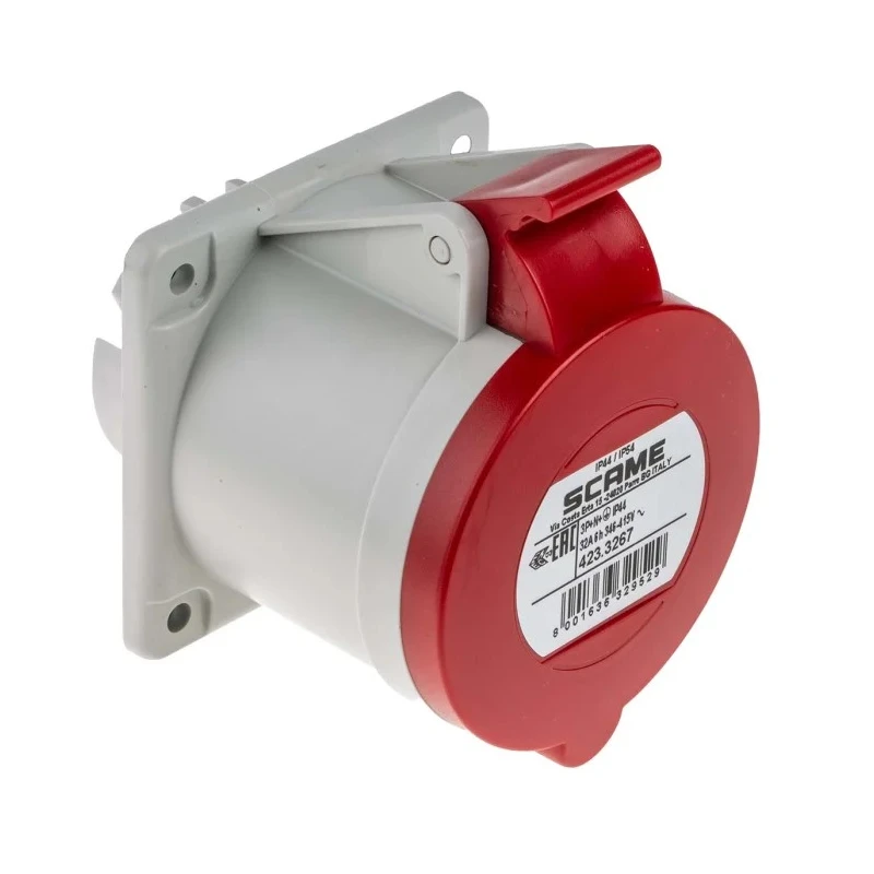 Scame Industrial Power Connector 32A 415V IP44 Red Panel Mount 3P+N+E Optima IP44