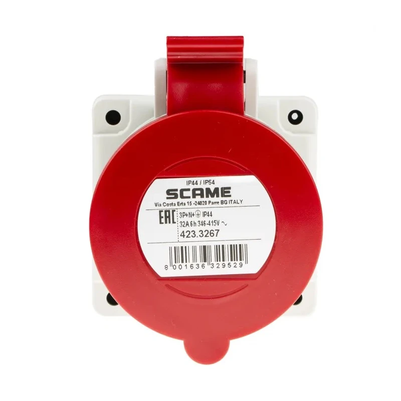Scame Industrial Power Connector 32A 415V IP44 Red Panel Mount 3P+N+E Optima IP44
