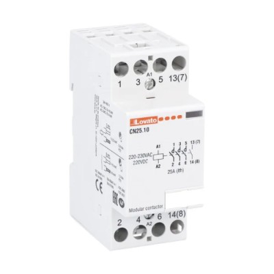 Lovato Electric CN Contactor, 230V AC Coil Voltage, 4-Pole, 25A Contact Current, 7.5 kW Power Rating, DIN Rail CN2510220