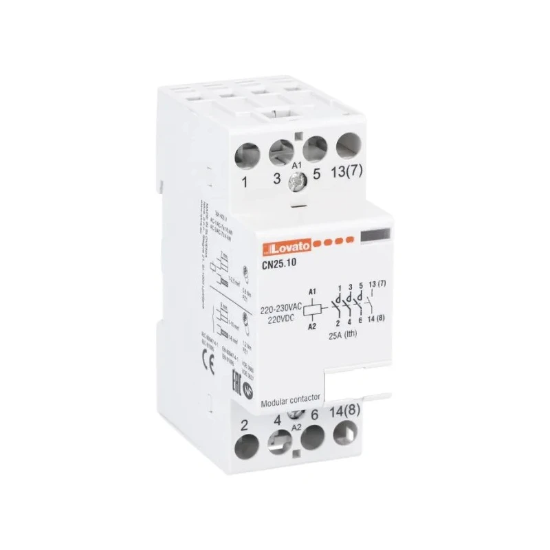 Lovato Electric CN Contactor, 230V AC Coil Voltage, 4-Pole, 25A Contact Current, 7.5 kW Power Rating, DIN Rail CN2510220