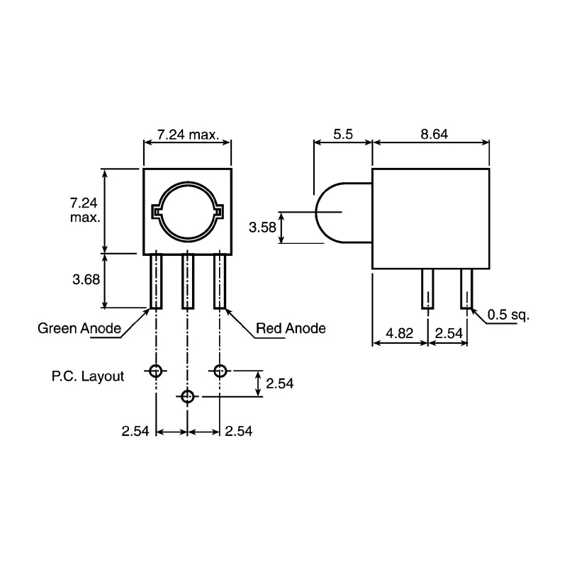 Kingbright Green, Red Right Angle PCB LED Indicator 3 mm (T-1), 1 LED, 2.5 V, Through Hole Mount L-59BL/1EGW