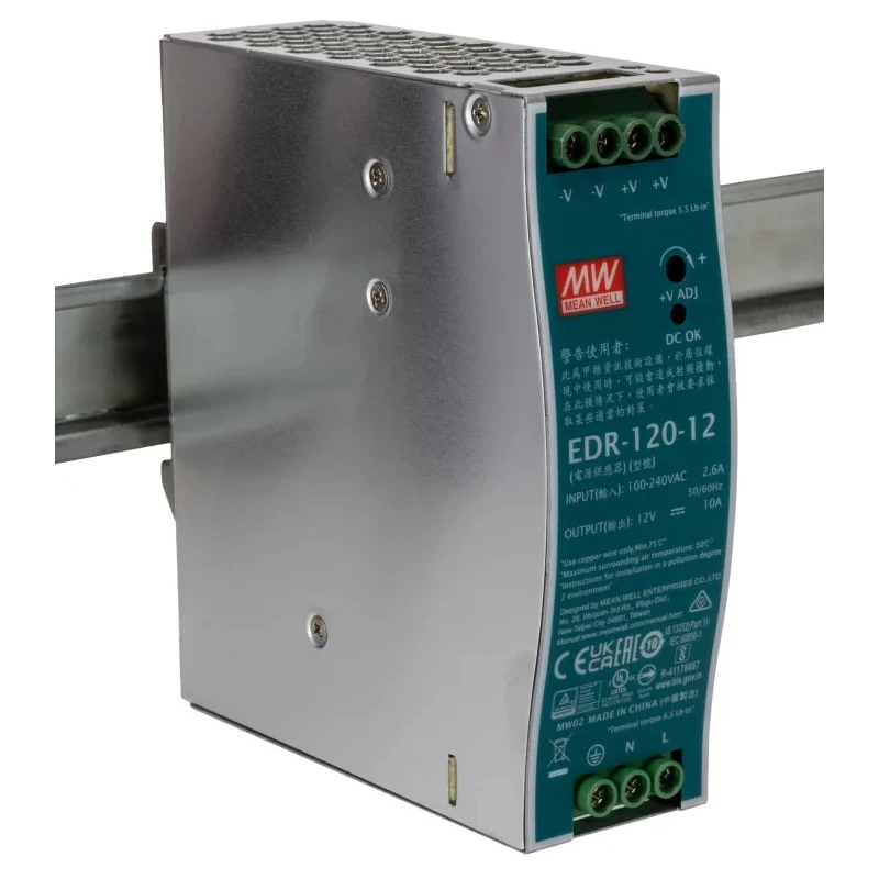 RS PRO Mean Well EDR Switched Mode DIN Rail Power Supply 12 V, 10 A, 120 W, 1 Phase, AC Input 90-264 V, DC Output EDR-120-12