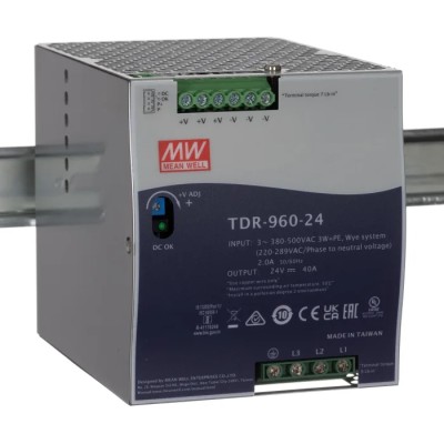 MEAN WELL TDR Switched Mode DIN Rail Power Supply 550V AC Input, 28V DC Output, 40A Output Current, 960W Power TDR-960-24