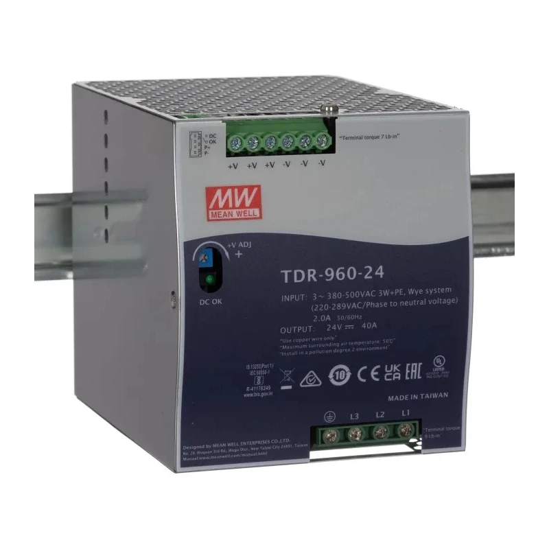 MEAN WELL TDR Switched Mode DIN Rail Power Supply 550V AC Input, 28V DC Output, 40A Output Current, 960W Power TDR-960-24
