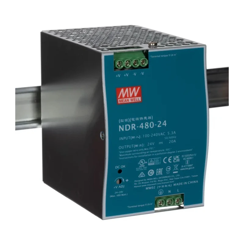 Mean Well NDR Series Single Output Switched Mode DIN Rail Power Supply 24 V, 20 A, 480 W NDR-480-24
