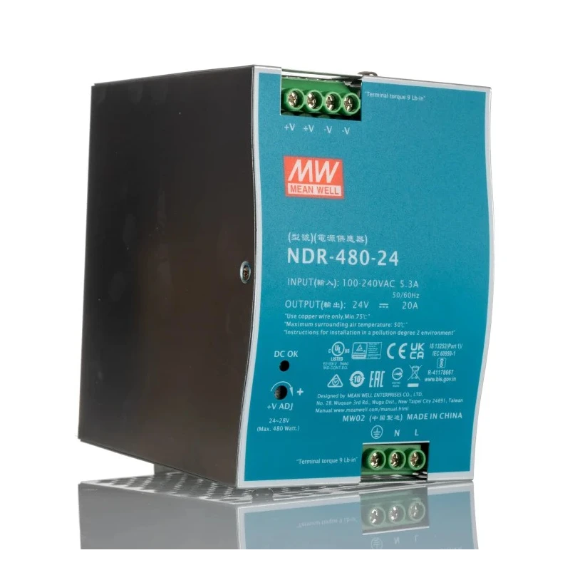 Mean Well NDR Series Single Output Switched Mode DIN Rail Power Supply 24 V, 20 A, 480 W NDR-480-24