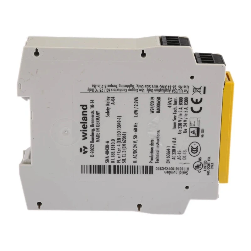Wieland 24V ac/dc Safety Relay with 3 Safety Contacts, 1 Auxiliary Contact, Manual Reset, DIN Rail Mount R1.188.1810.0