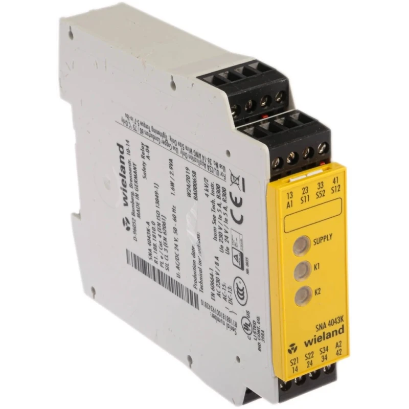 Wieland 24V ac/dc Safety Relay with 3 Safety Contacts, 1 Auxiliary Contact, Manual Reset, DIN Rail Mount R1.188.1810.0