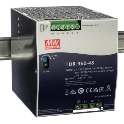MEAN WELL TDR Switched Mode Single Output DIN Rail Power Supply 960W, 55V DC, 20A Output, 340-550V AC Input TDR-960-48