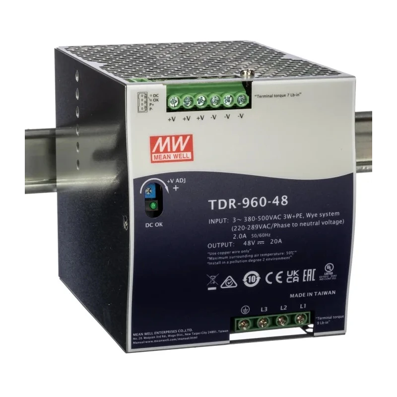 MEAN WELL TDR Switched Mode Single Output DIN Rail Power Supply 960W, 55V DC, 20A Output, 340-550V AC Input TDR-960-48