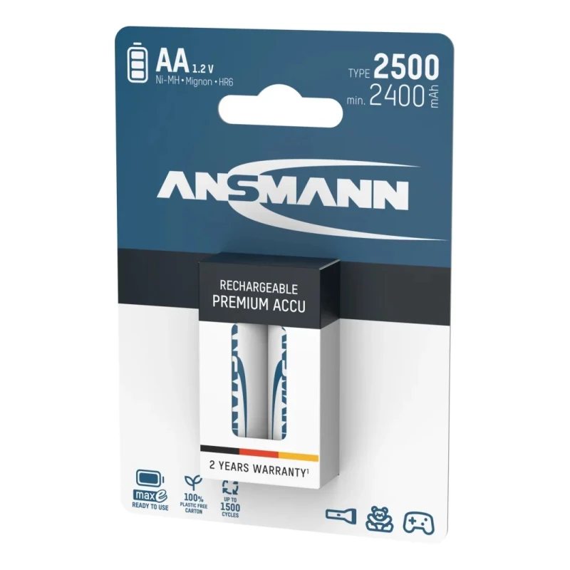 Ansmann Ansmann MaxE AA Nickel Metal Hydride Rechargeable AA Battery 1.2 V 2.5 Ah Pack of 2 5035432