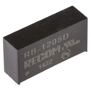 Recom DC/DC Converter Dual Output 5V, -5V 100 mA, 10.8V-13.2V Input, 1W Through Hole Package RB-1205D