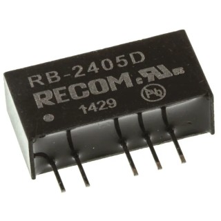 Recom DC/DC Converter, Through Hole Mount, Dual 5V and -5V Output, 100mA, 24V DC Input, 1W Power, 85% Efficiency, RB-2405D