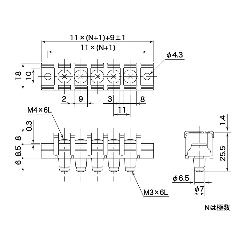 Yoshida Electric Industry Barrier Strip 12 Contact 11 mm Pitch 2 Row 250V 15A TS12-6E