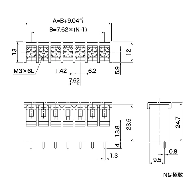 Yoshida Electric Industry PCB Terminal Block 6-Contact 7.62 mm Pitch 1 Row 250V 10A PBX7C51-6E