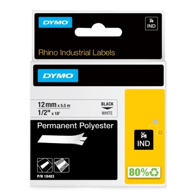 Dymo Black on White Label Printer Tape 12 mm Width 5.5 m Length Industrial Strength Adhesive 18483