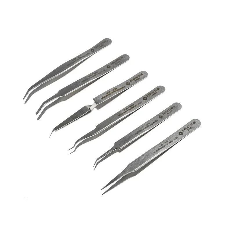 Bernstein Stainless Steel ESD Safe Tweezer Set, 6 Pieces Precision Surface Mount, Anti-Magnetic, Anti-Acid 5-050