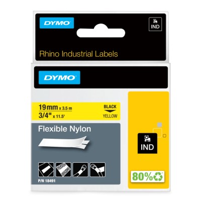 Dymo Black on Yellow Industrial Rhino Flexible Nylon Label Printer Tape 3.5 m Length 19 mm Width 18491