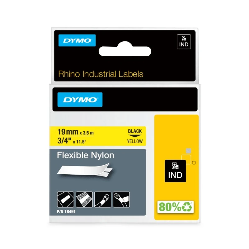 Dymo Black on Yellow Industrial Rhino Flexible Nylon Label Printer Tape 3.5 m Length 19 mm Width 18491