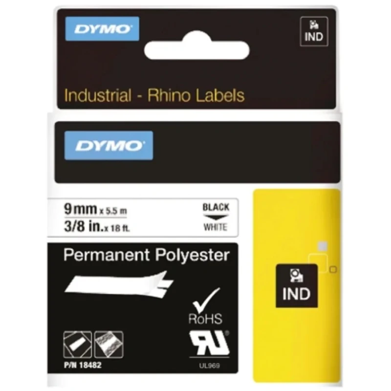 Dymo Black on White Label Printer Tape 9 mm Width 5.5 m Length for Rhino Series 18482