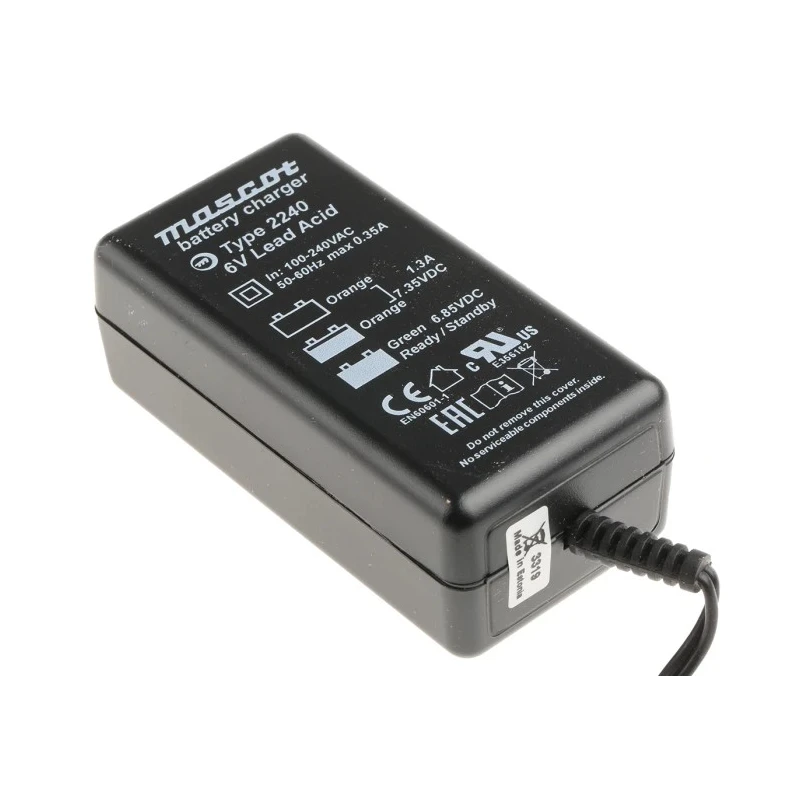 Mascot Lead Acid Battery Charger 6V, 1.3A, 8W, 3-Stage Charging with 2-Pin IEC Plug 2240000059