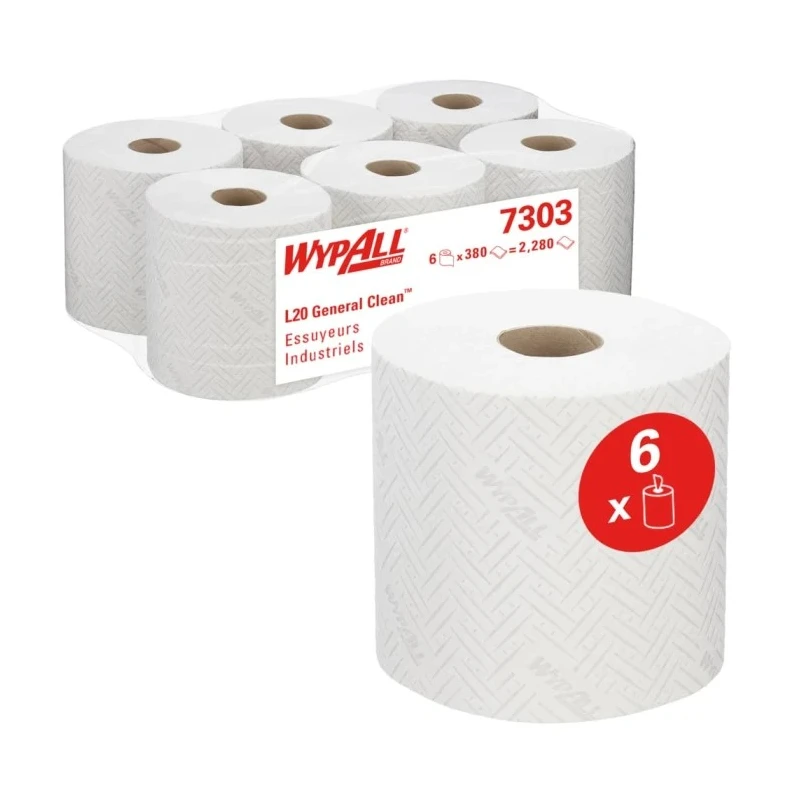 WYPALL General Clean Industrial Wiping Paper Roll 2 Ply, 380 Sheets, White Centrefeed, Model 7303
