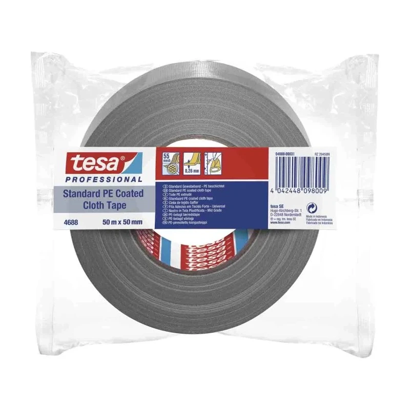Tesa Grey PE Coated Cloth Duct Tape 50mm x 50m 0.26mm Thickness Natural Rubber Adhesive 04688-00031-00