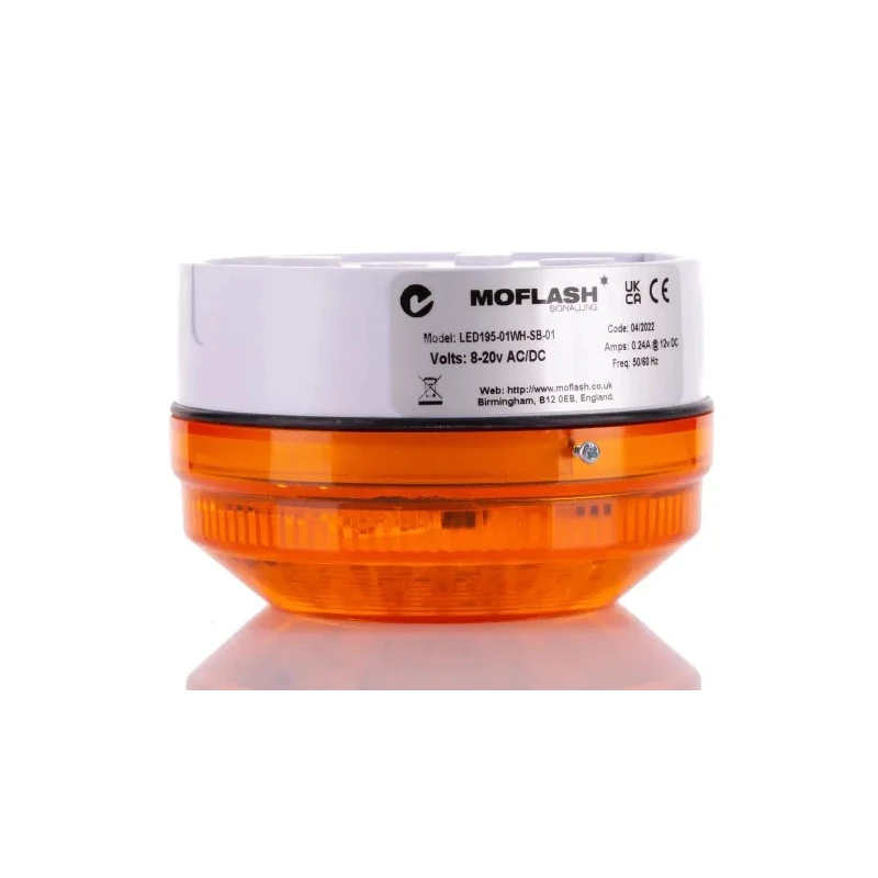 Moflash Industrial LED Amber Beacon 20V AC/DC, Steady and Flashing Light, Side and Rear Mount, IP65 LED195-01WH-SB-01