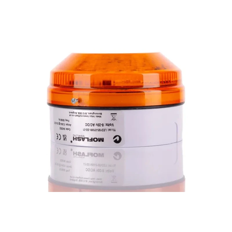 Moflash Industrial LED Amber Beacon 20V AC/DC, Steady and Flashing Light, Side and Rear Mount, IP65 LED195-01WH-SB-01