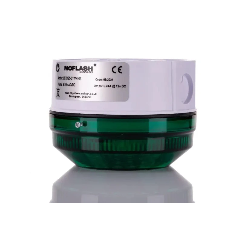 Moflash Industrial LED Beacon Green Lens 20V AC/DC, Steady, Flashing Light Effect, Side and Rear Mount LED LED195-01WH-04