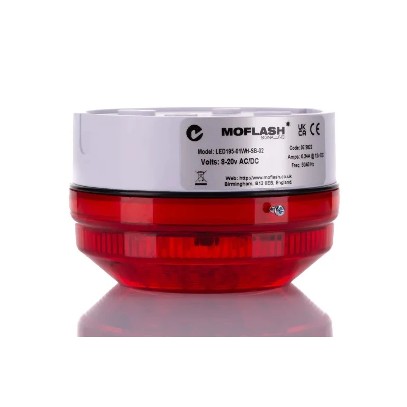 Moflash Industrial LED Red Beacon 20V AC/DC, Flashing Steady Light Effect, Rear Side Mount LED Bulb, IP65 LED195-01WH-SB-02