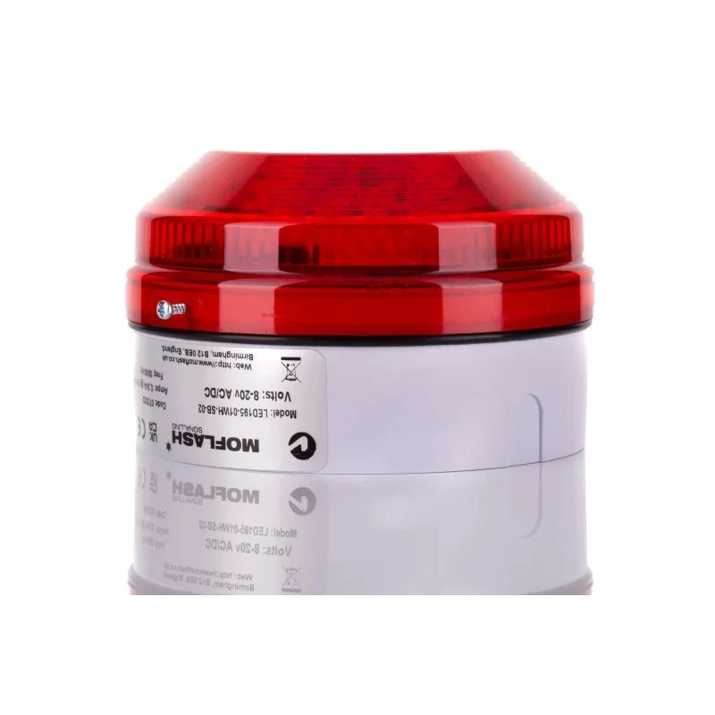 Moflash Industrial LED Red Beacon 20V AC/DC, Flashing Steady Light Effect, Rear Side Mount LED Bulb, IP65 LED195-01WH-SB-02