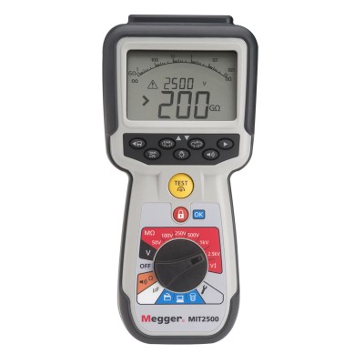 Megger High Voltage Handheld Insulation Tester MIT2500, 50 V Min to 2500 V Max, 200 GΩ Resistance Range, CAT IV 600 V