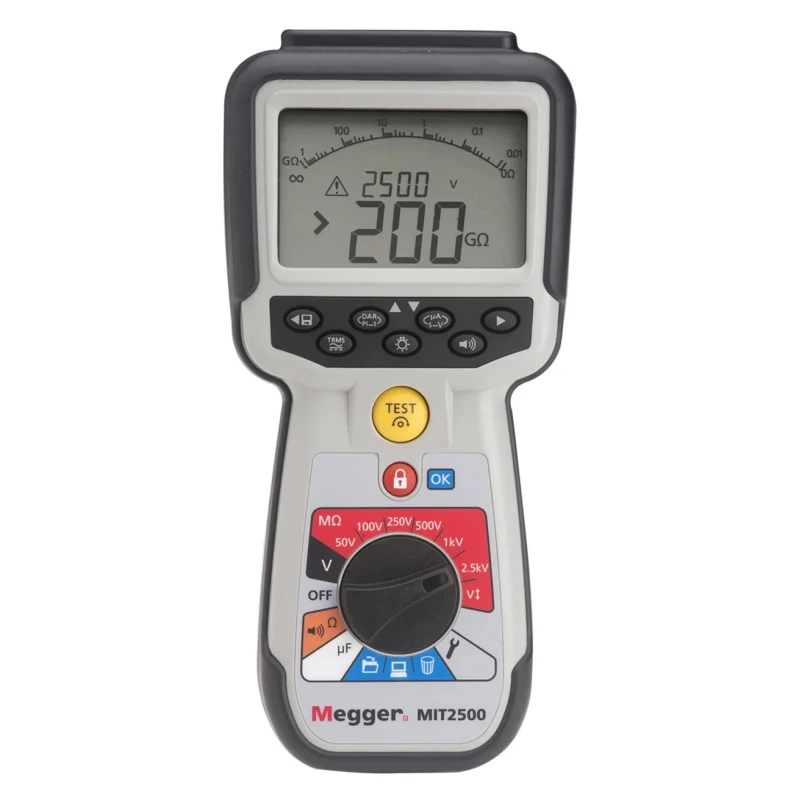 Megger High Voltage Handheld Insulation Tester MIT2500, 50 V Min to 2500 V Max, 200 GΩ Resistance Range, CAT IV 600 V