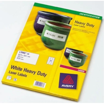 Avery White Adhesive Heavy Duty Label Sheet, 63.5mm x 38.1mm, Pack of 420 L7060-20