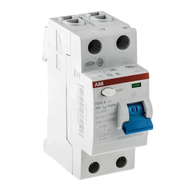 ABB Residual Current Circuit Breaker F200 Series 25A 2-Pole 30 mA Type A 1 kA Breaking 2CSF202101R1250 - F202A-25/0.03