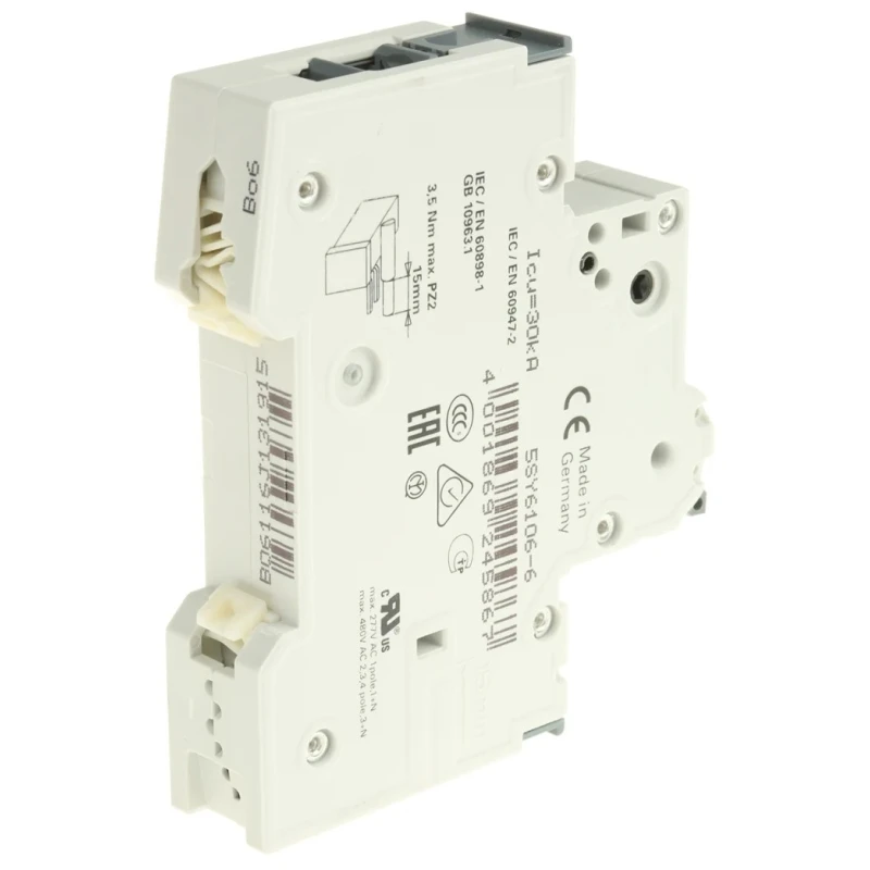 Siemens SENTRON Miniature Circuit Breaker, 1-Pole, 6A Current Rating, Type B Tripping Characteristics, 440V AC 5SY6106-6