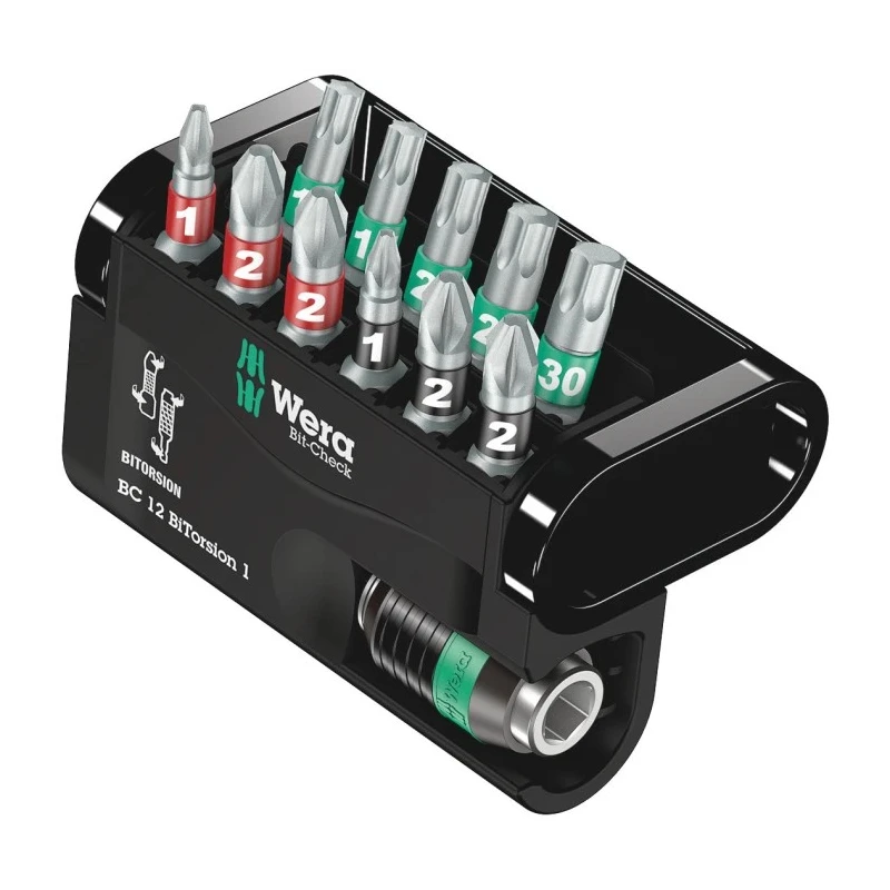 Wera Hex, Torx, Phillips, Hex, Pozidriv Screwdriver Bit Set, 12 Pieces Impact Bit Set with Rapidaptor Universal 05057420001