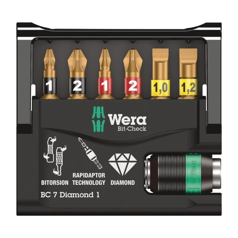 Wera Screwdriver Bit Set Hex Phillips Pozidriv Slotted Diamond Tipped 7 Pieces 05073419001