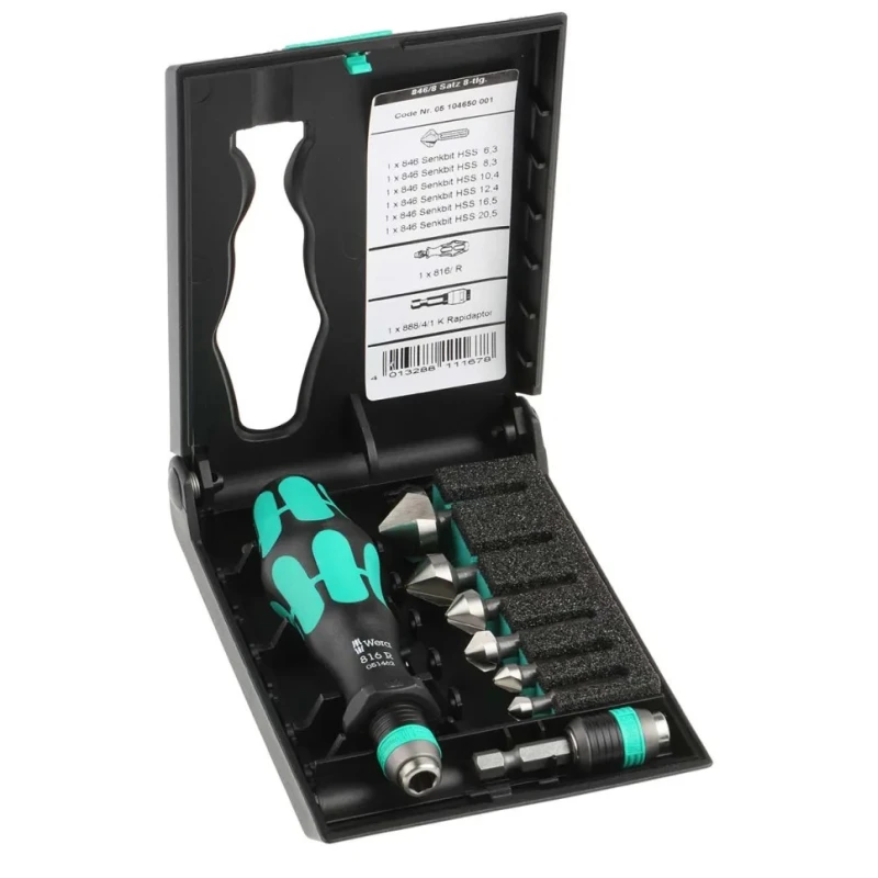 Wera High Speed Steel Countersink Drill Bit Set 3 Flute(s) 90°, 8 Pieces 1/4-inch Drive 153mm Overall Length 05104650001
