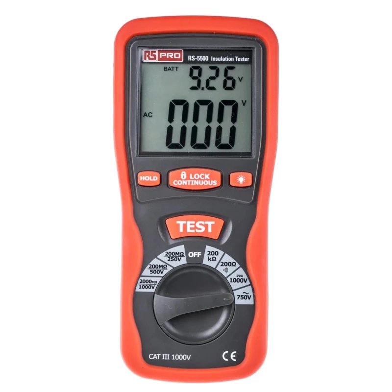 RS PRO Digital Insulation Tester RS5500, 250 V Minimum, 1 kV Maximum, 4000 MΩ, CAT III Safety Rated