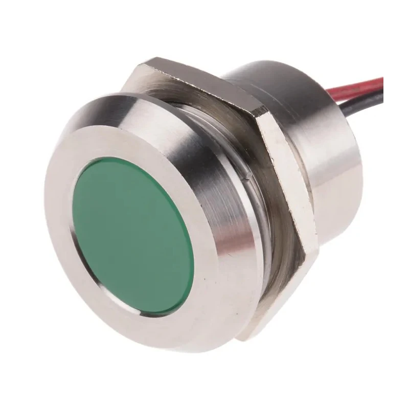 RS PRO Green Panel Mount Indicator 28V DC 40mA Lead Wire Termination Flush Bezel IP67 123-2429