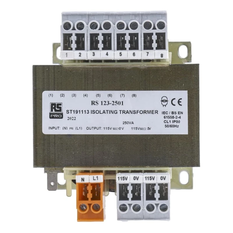 RS PRO 1 kVA DIN Rail Transformer, 208 to 600 V ac Primary, 2 x 115 V ac and 12 V Secondary, Screw Mount, IECBSEN 123-2501