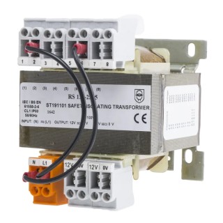 RS PRO 100 VA DIN Rail Transformer, 208 to 600 V AC Primary, 12 V, 2 x 115 V AC Secondary, DIN Rail and Screw 123-2505