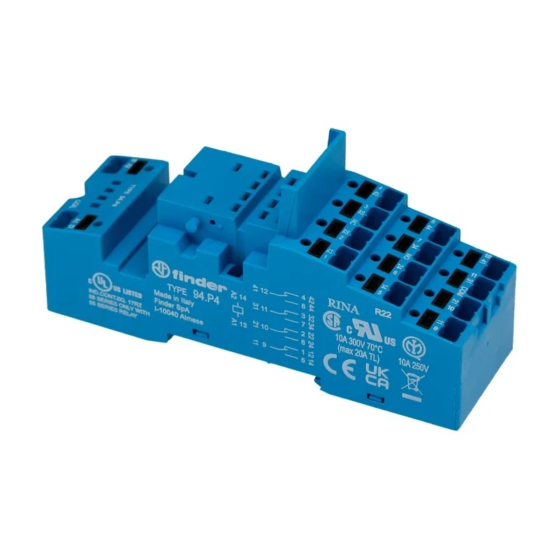 Finder 94 DIN Rail Relay Socket 250V AC 10A Push-in Terminal Type Compatible with 55.32 and 55.34 Relay 94.P4SMA