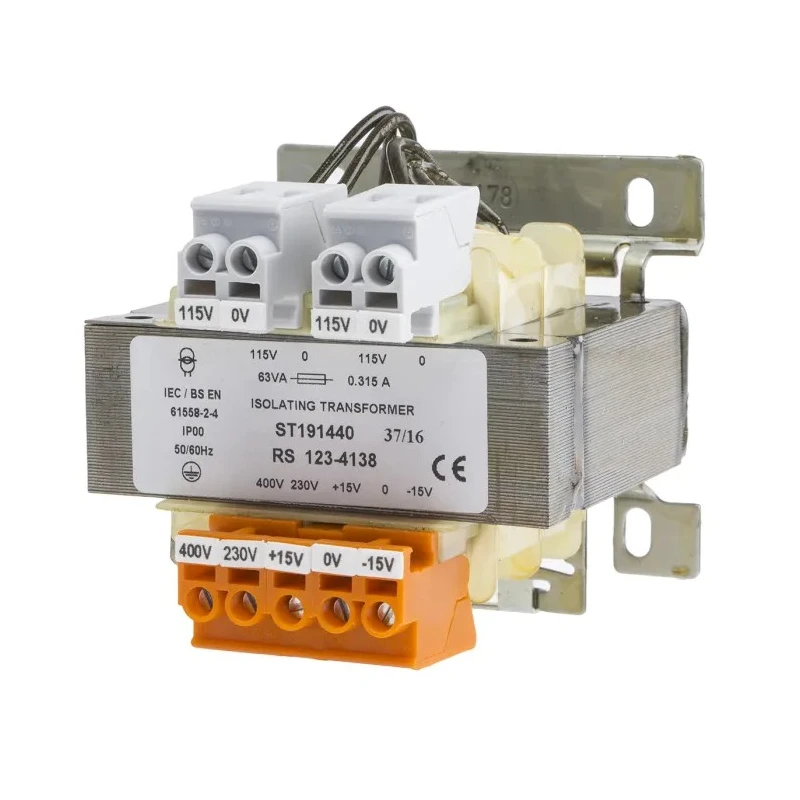 RS PRO 63 VA DIN Rail Isolation Transformer, 230 V AC, 400 V AC Primary, 2 x 115 V Secondary, 50-60 Hz, 130°C Max 123-4138