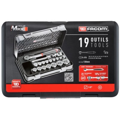 Facom 19-Piece 1/2 in 6 Point Socket Set Chrome Vanadium Steel Bright Chrome Finish S.161-2P6PB