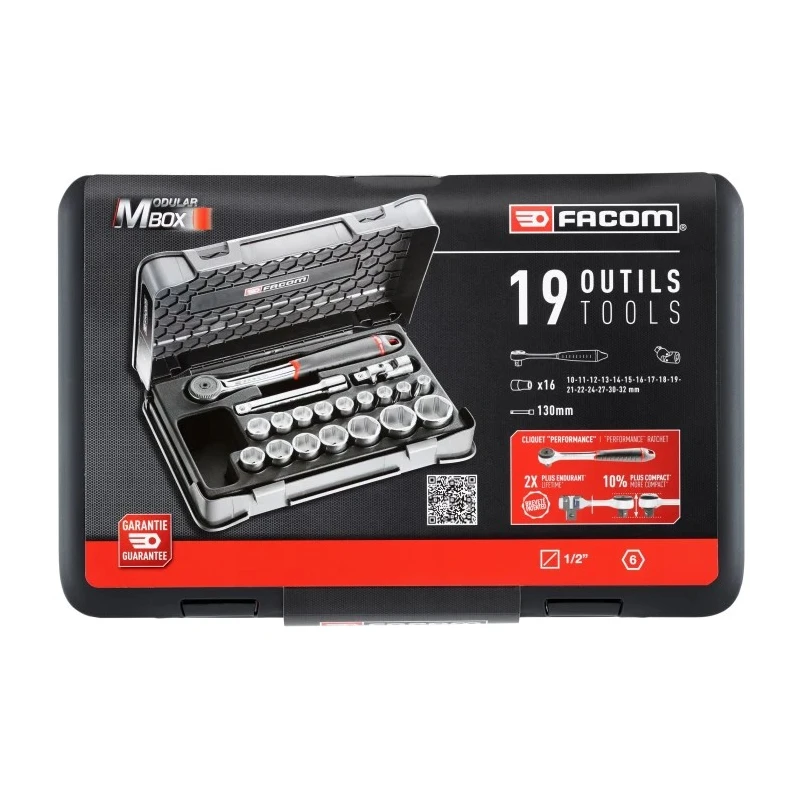 Facom 19-Piece 1/2 in 6 Point Socket Set Chrome Vanadium Steel Bright Chrome Finish S.161-2P6PB