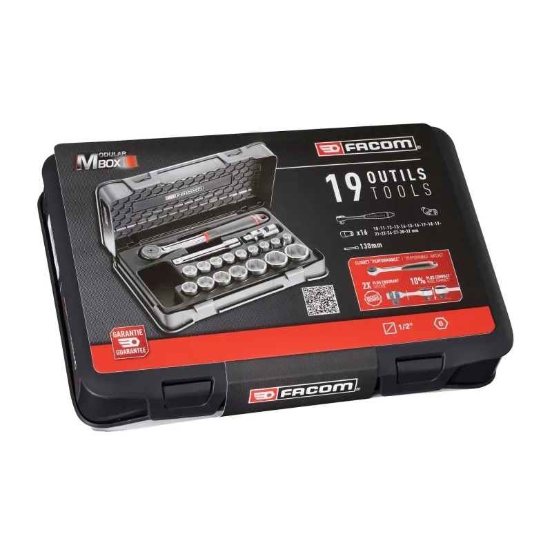 Facom 19-Piece 1/2 in 6 Point Socket Set Chrome Vanadium Steel Bright Chrome Finish S.161-2P6PB